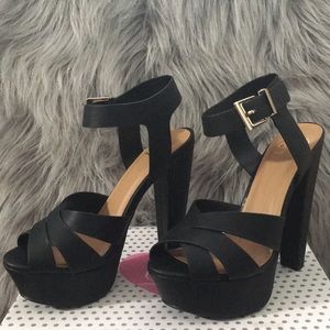 black leather high heels
